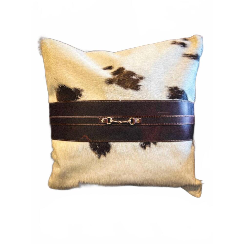 NEW EQUIPAGE snaffle bit cowhide leather pillow cover #4 in brown/ white/ black